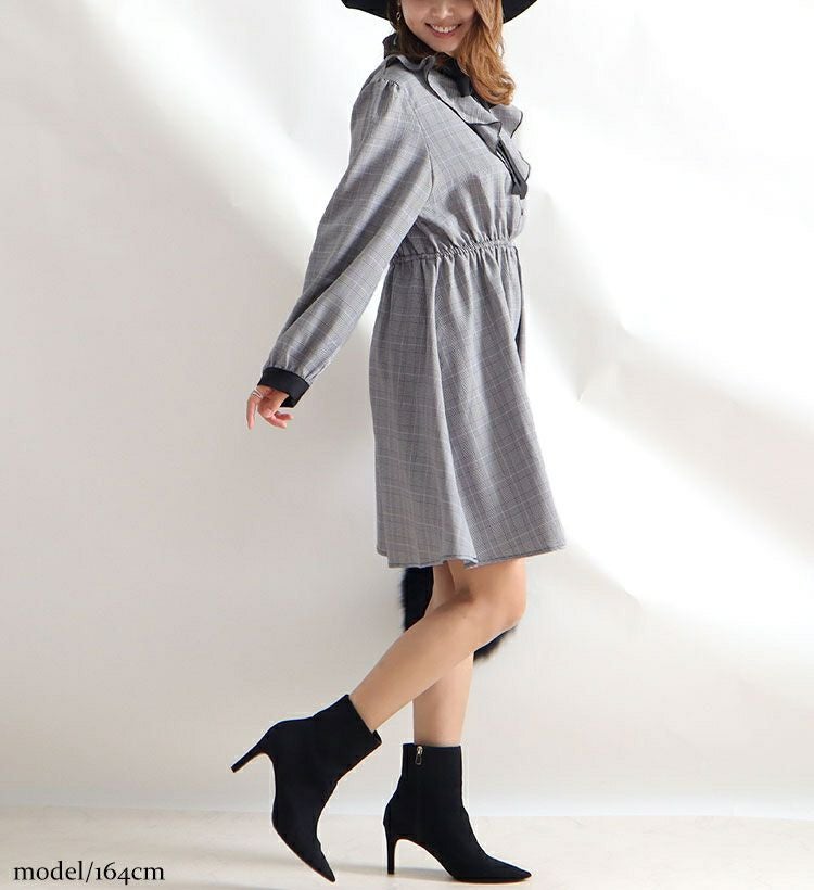 大きいサイズ レディース チェック柄ラッフルフリルワンピース　maru-35587