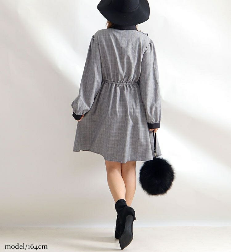 大きいサイズ レディース チェック柄ラッフルフリルワンピース　maru-35587