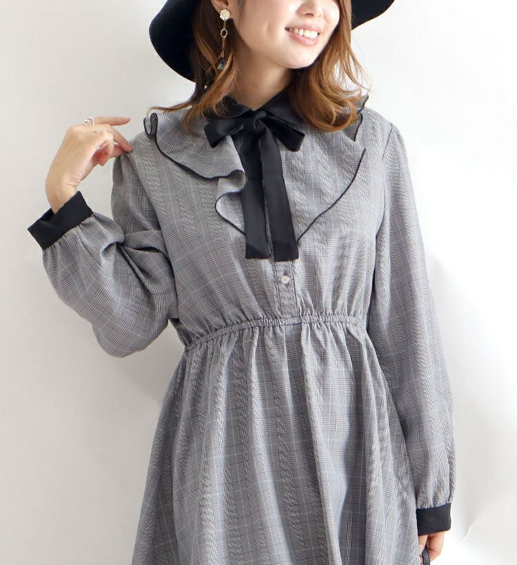 大きいサイズ レディース チェック柄ラッフルフリルワンピース　maru-35587
