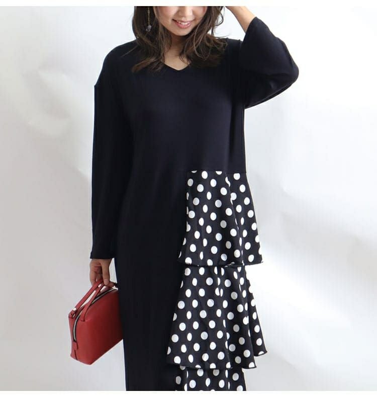 大きいサイズ レディース ドット柄ティアード切替えワンピース　jp391