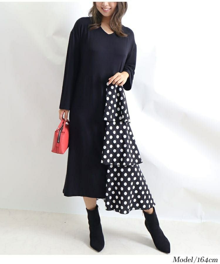 大きいサイズ レディース ドット柄ティアード切替えワンピース　jp391