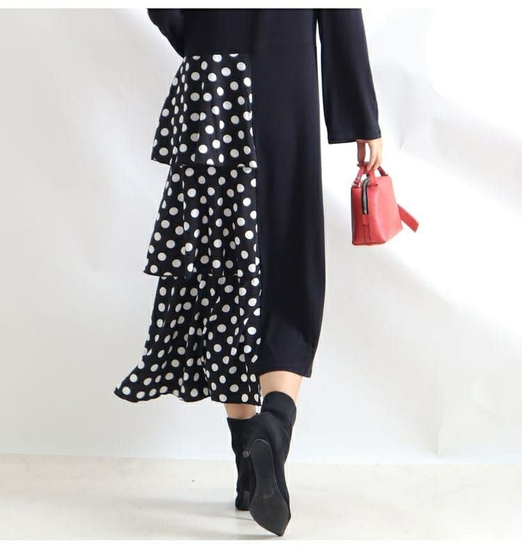 大きいサイズ レディース ドット柄ティアード切替えワンピース　jp391