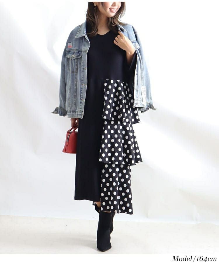 大きいサイズ レディース ドット柄ティアード切替えワンピース　jp391
