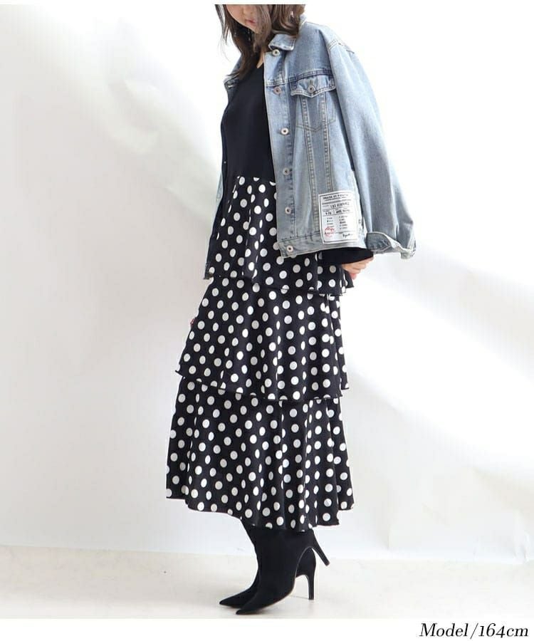 大きいサイズ レディース ドット柄ティアード切替えワンピース　jp391