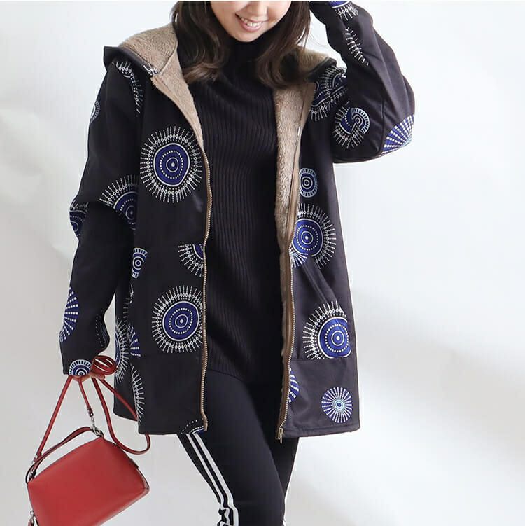 大きいサイズ レディース 裏起毛プリントジャケット　goldy-817