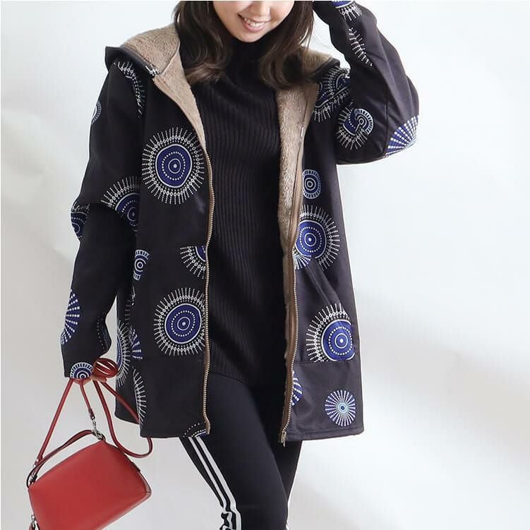 大きいサイズ レディース 裏起毛プリントジャケット　goldy-817 ブラック