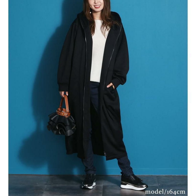 大きいサイズ レディース 裏起毛ZIPロングパーカー　nw-21023 ブラック