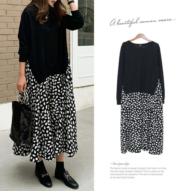 大きいサイズ レディース フェイクレイヤードフレアワンピース　goldy-850