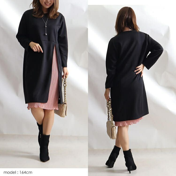 大きいサイズ レディース フェイクレイヤードワンピース　goldy-851