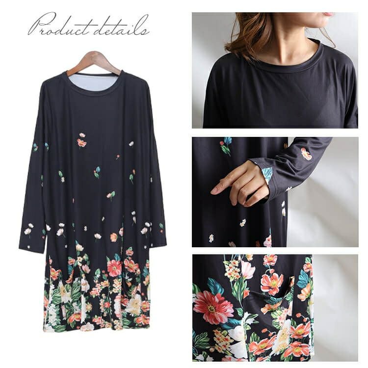 大きいサイズ レディース フワラー長袖チュニックワンピース　goldy-866 【メール便可】