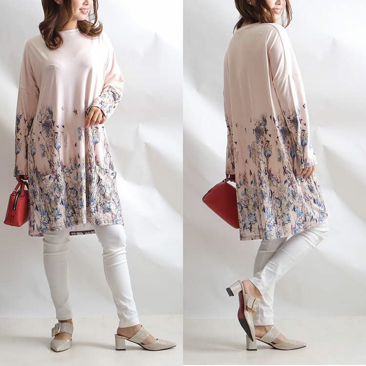 大きいサイズ レディース フワラー長袖チュニックワンピース　goldy-866 【メール便可】