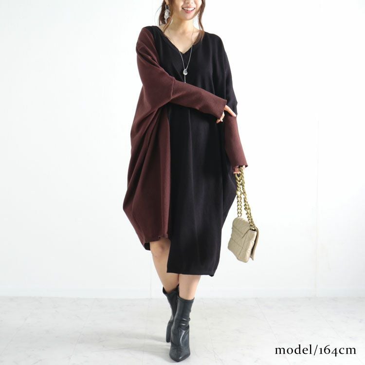 大きいサイズ レディース バイカラーVネックニットワンピース　gold878