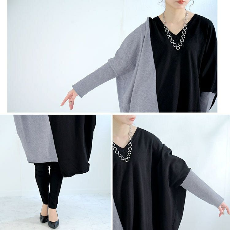 大きいサイズ レディース バイカラーVネックニットワンピース　gold878