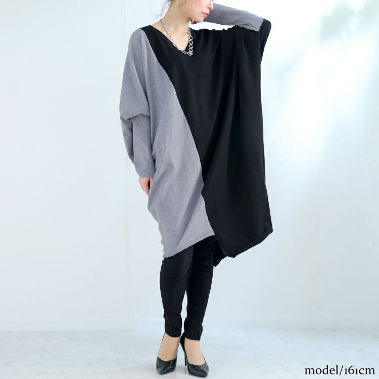 大きいサイズ レディース バイカラーVネックニットワンピース　gold878