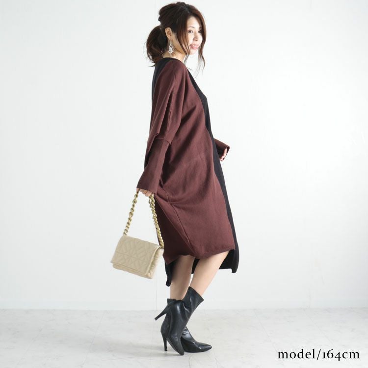 大きいサイズ レディース バイカラーVネックニットワンピース　gold878