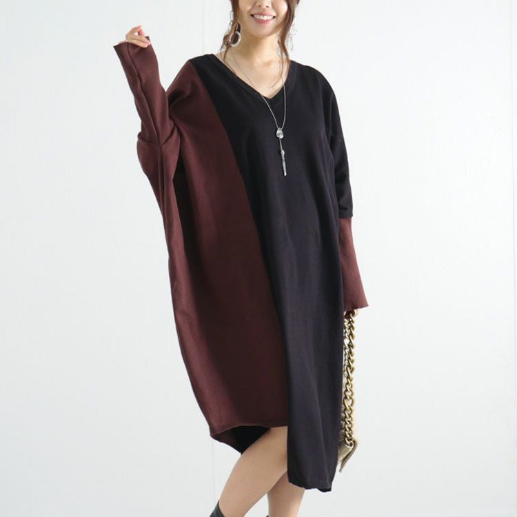 大きいサイズ レディース バイカラーVネックニットワンピース　gold878