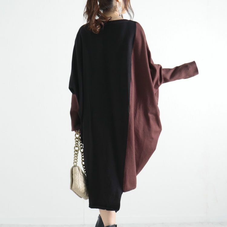 大きいサイズ レディース バイカラーVネックニットワンピース　gold878