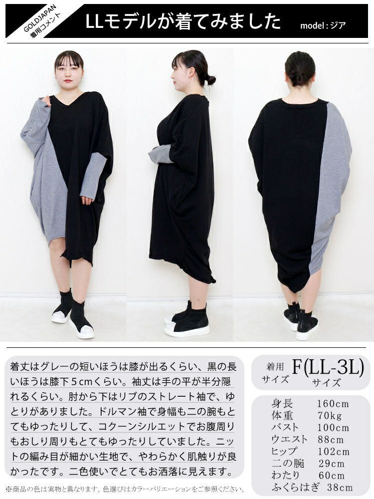 大きいサイズ レディース バイカラーVネックニットワンピース　gold878