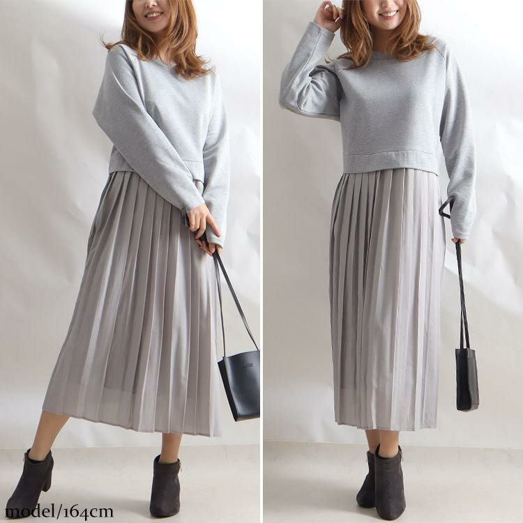大きいサイズ レディース 前後2wayプリーツワンピース　gold881 グレー