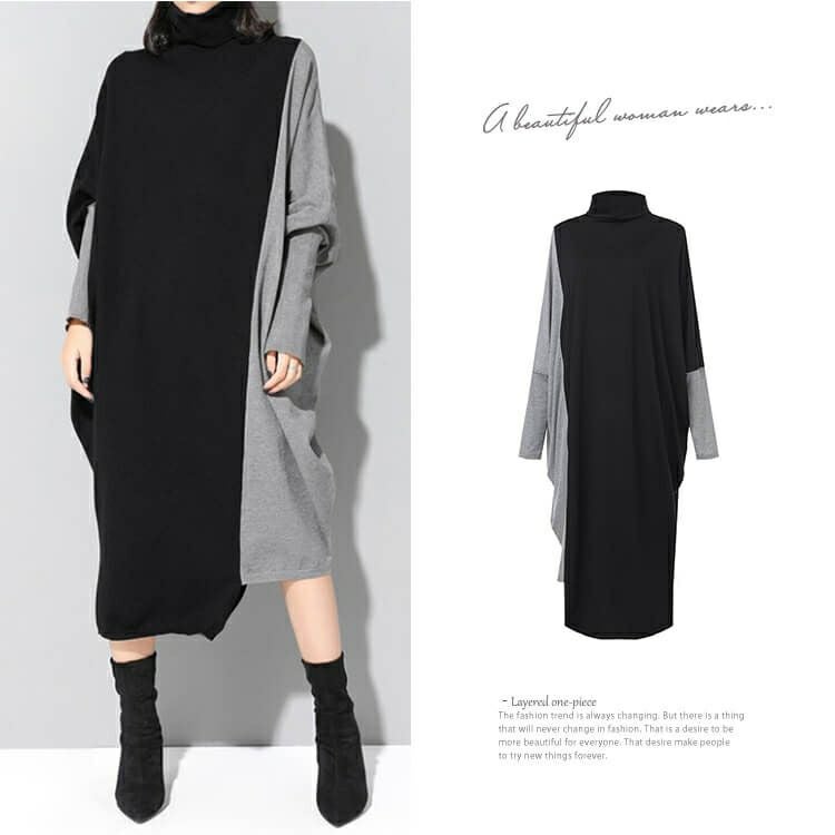 大きいサイズ レディース バイカラー長袖ワンピース　goldy-841 【メール便可】