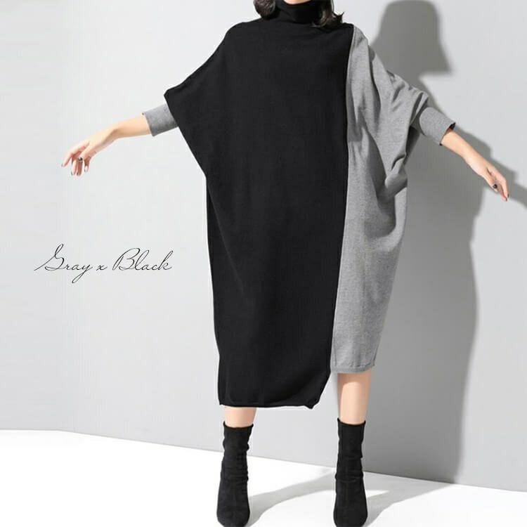 大きいサイズ レディース バイカラー長袖ワンピース　goldy-841 【メール便可】