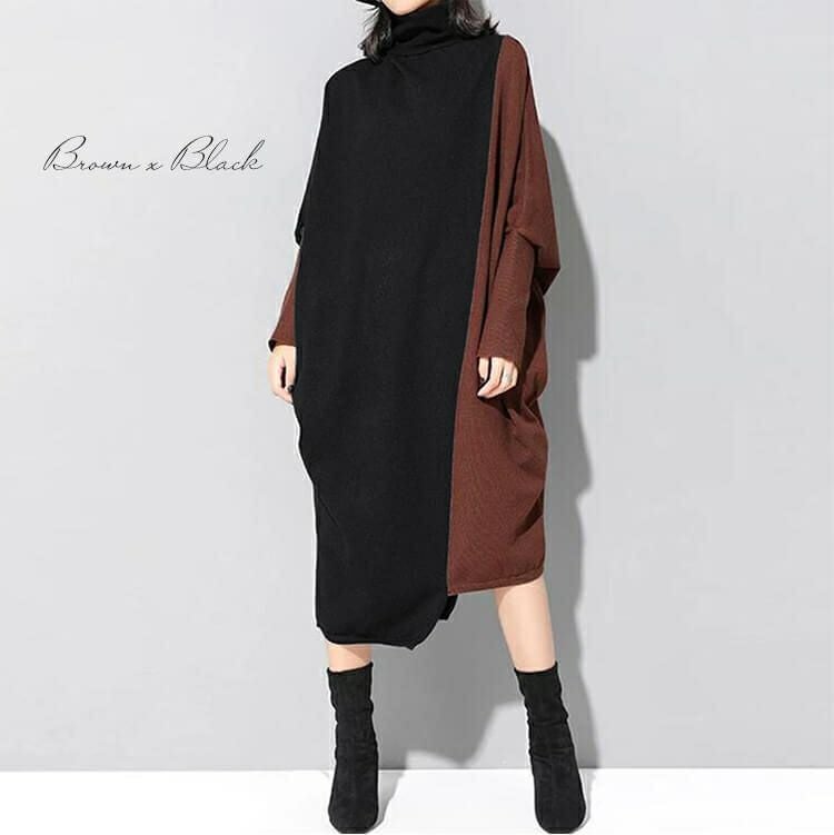 大きいサイズ レディース バイカラー長袖ワンピース　goldy-841 【メール便可】