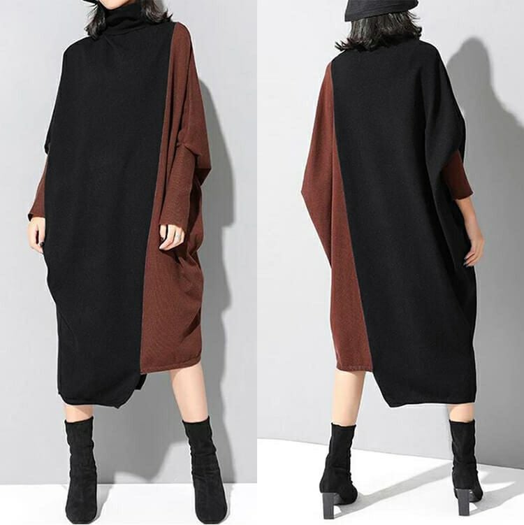 大きいサイズ レディース バイカラー長袖ワンピース　goldy-841 【メール便可】