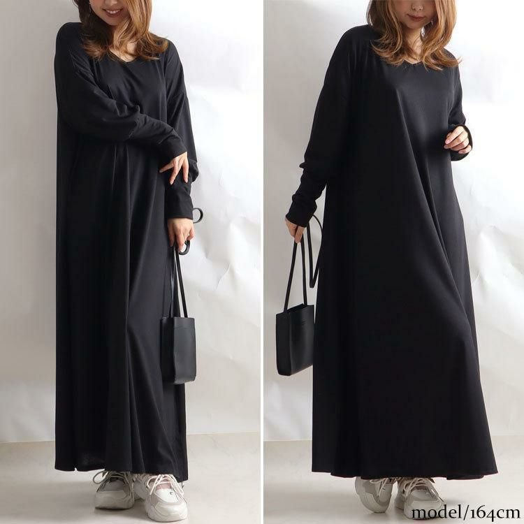 大きいサイズ レディース カットソーマキシ丈ワンピース　goldy-882 ブラック