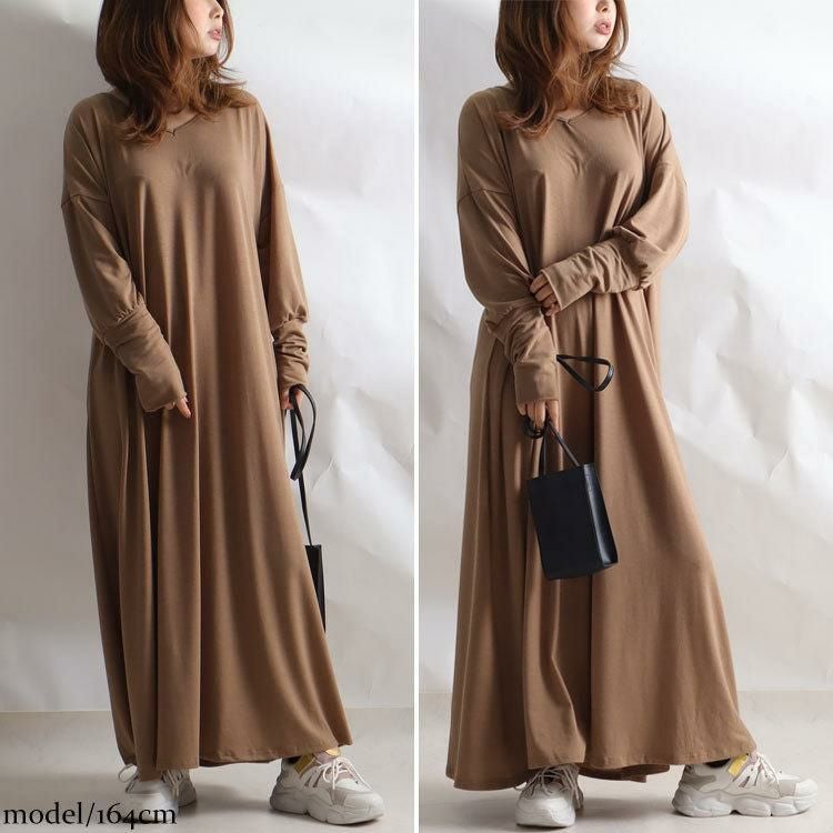 大きいサイズ レディース カットソーマキシ丈ワンピース　goldy-882 ブラウン