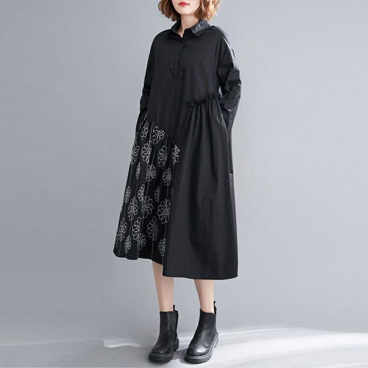 大きいサイズ レディース 花刺繍切替えシャツワンピース　goldy-878