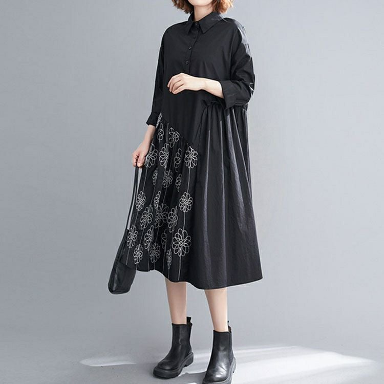 大きいサイズ レディース 花刺繍切替えシャツワンピース　goldy-878