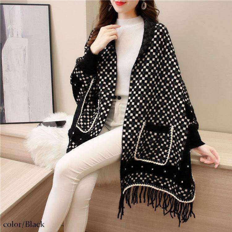 大きいサイズ レディース ストール風ニットカーディガン　goldy-893 ブラック