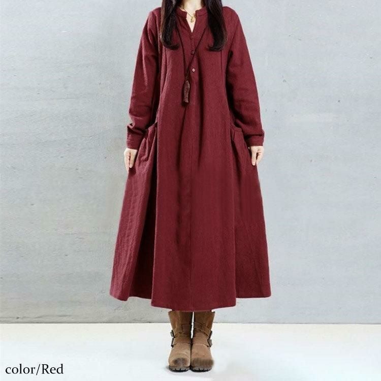 大きいサイズ レディース ロング丈コットンシャツワンピース　goldy-884 レッド