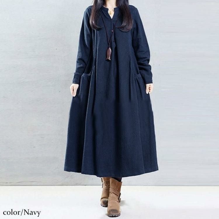 大きいサイズ レディース ロング丈コットンシャツワンピース　goldy-884 ネイビー