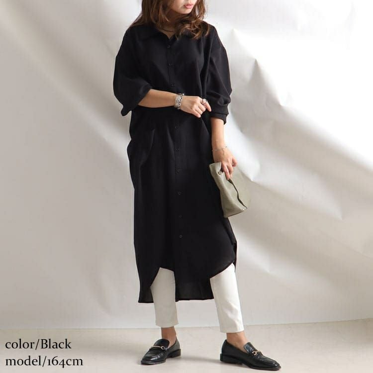 大きいサイズ レディース 麻調ツイルフィッシュテールシャツワンピース　bai-0095