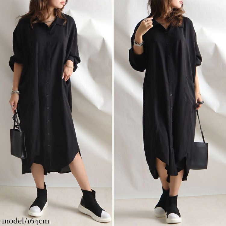 大きいサイズ レディース 麻調ツイルフィッシュテールシャツワンピース　bai-0095