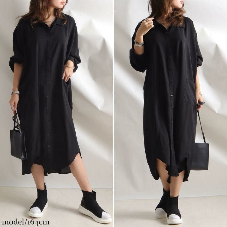 大きいサイズ レディース 麻調ツイルフィッシュテールシャツワンピース　bai-0095 ブラック