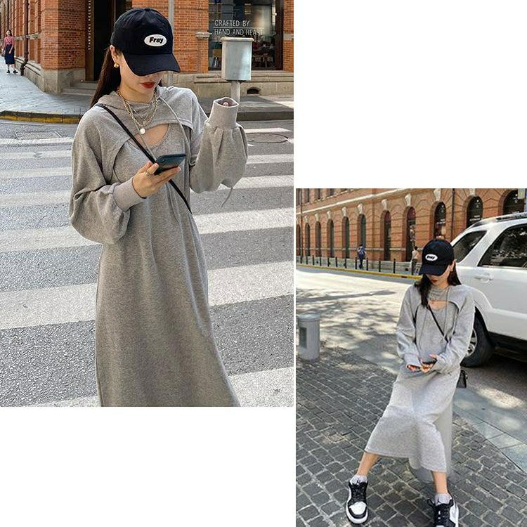 大きいサイズ レディース レイヤードパーカーワンピース　goldy-891