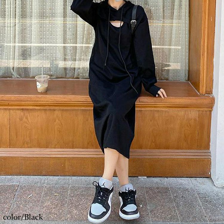 大きいサイズ レディース レイヤードパーカーワンピース　goldy-891