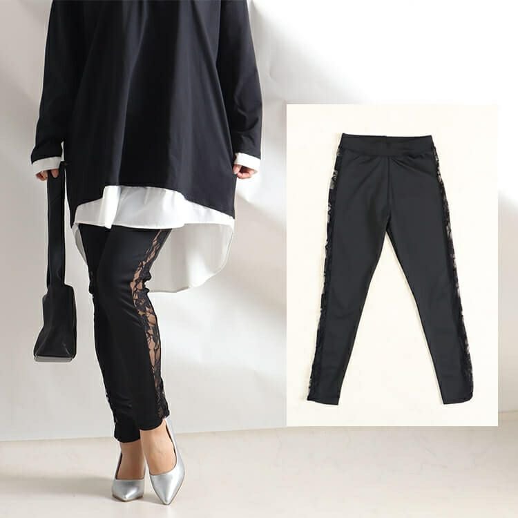 大きいサイズ レディース サイドレースレギンス　goldy-875 【メール便可】