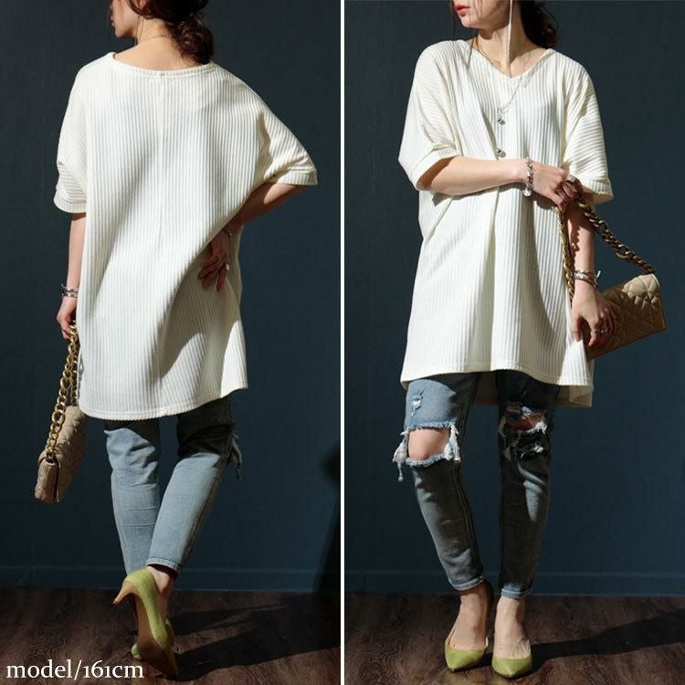 大きいサイズ レディース VネックドルマンUVワッフルカットソー　map-19 ホワイト