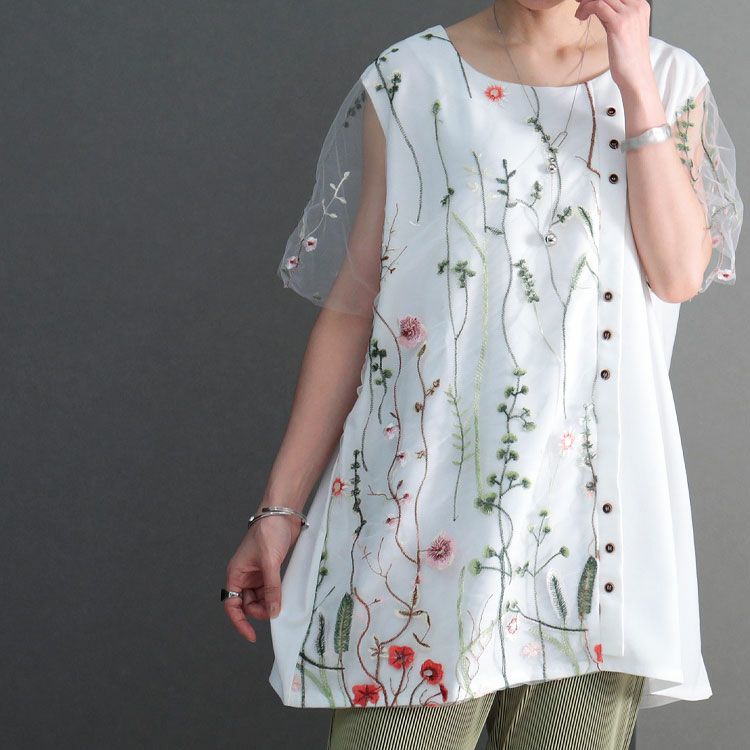 大きいサイズ レディース 花刺繍チュールレースブラウス　jp405　【ゆうパケット可】