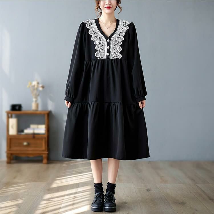 大きいサイズ レディース ホワイトレースティアードワンピース　goldy-894 ブラック
