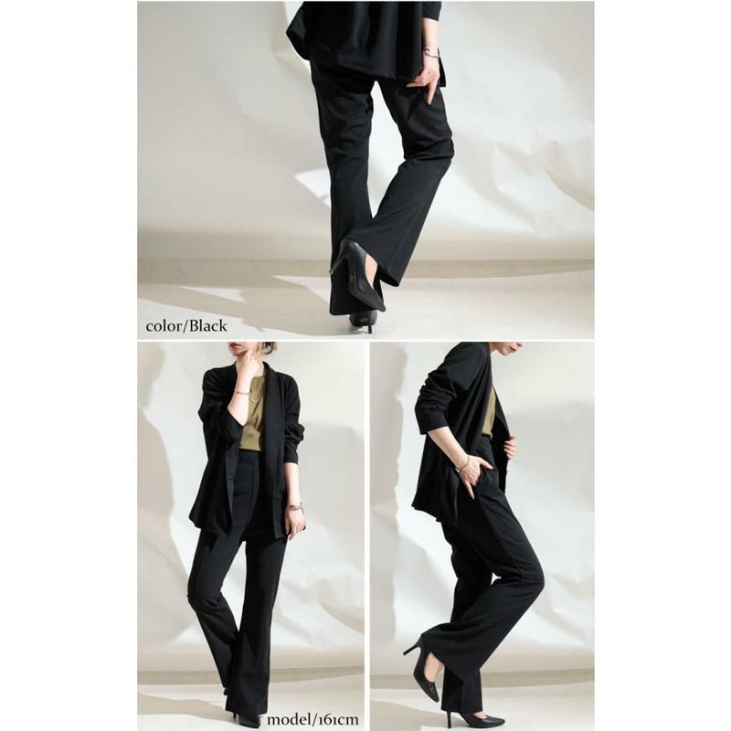 大きいサイズ レディース ひざ位置高め3cm脚長ストレッチフレアパンツ　maru-6491 ブラック