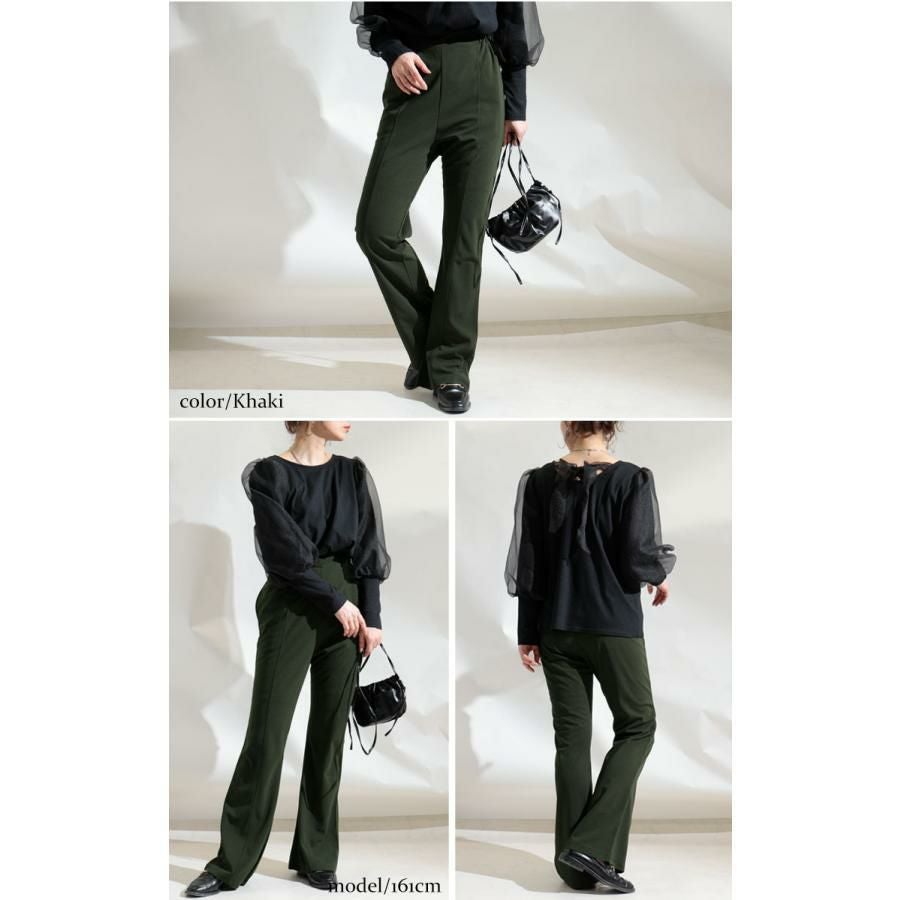 大きいサイズ レディース ひざ位置高め3cm脚長ストレッチフレアパンツ　maru-6491 カーキ