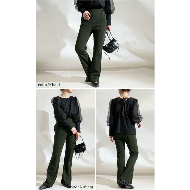 大きいサイズ レディース ひざ位置高め3cm脚長ストレッチフレアパンツ　maru-6491 カーキ