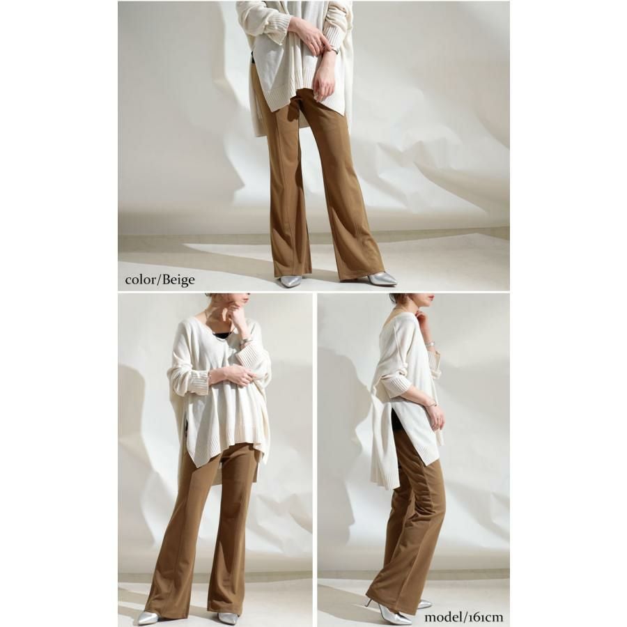 大きいサイズ レディース ひざ位置高め3cm脚長ストレッチフレアパンツ　maru-6491 ベージュ