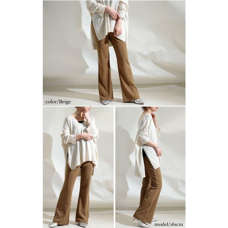 大きいサイズ レディース ひざ位置高め3cm脚長ストレッチフレアパンツ　maru-6491 ベージュ