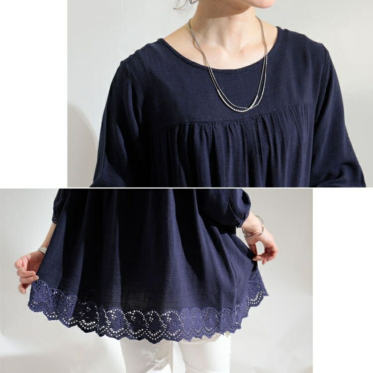 大きいサイズ レディース UVカット裾刺繍レースブラウス　mnfk-709267　【メール便可】