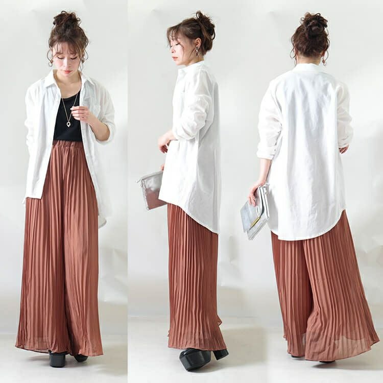 大きいサイズ レディース シースループリーツワイドパンツ　goldy-905